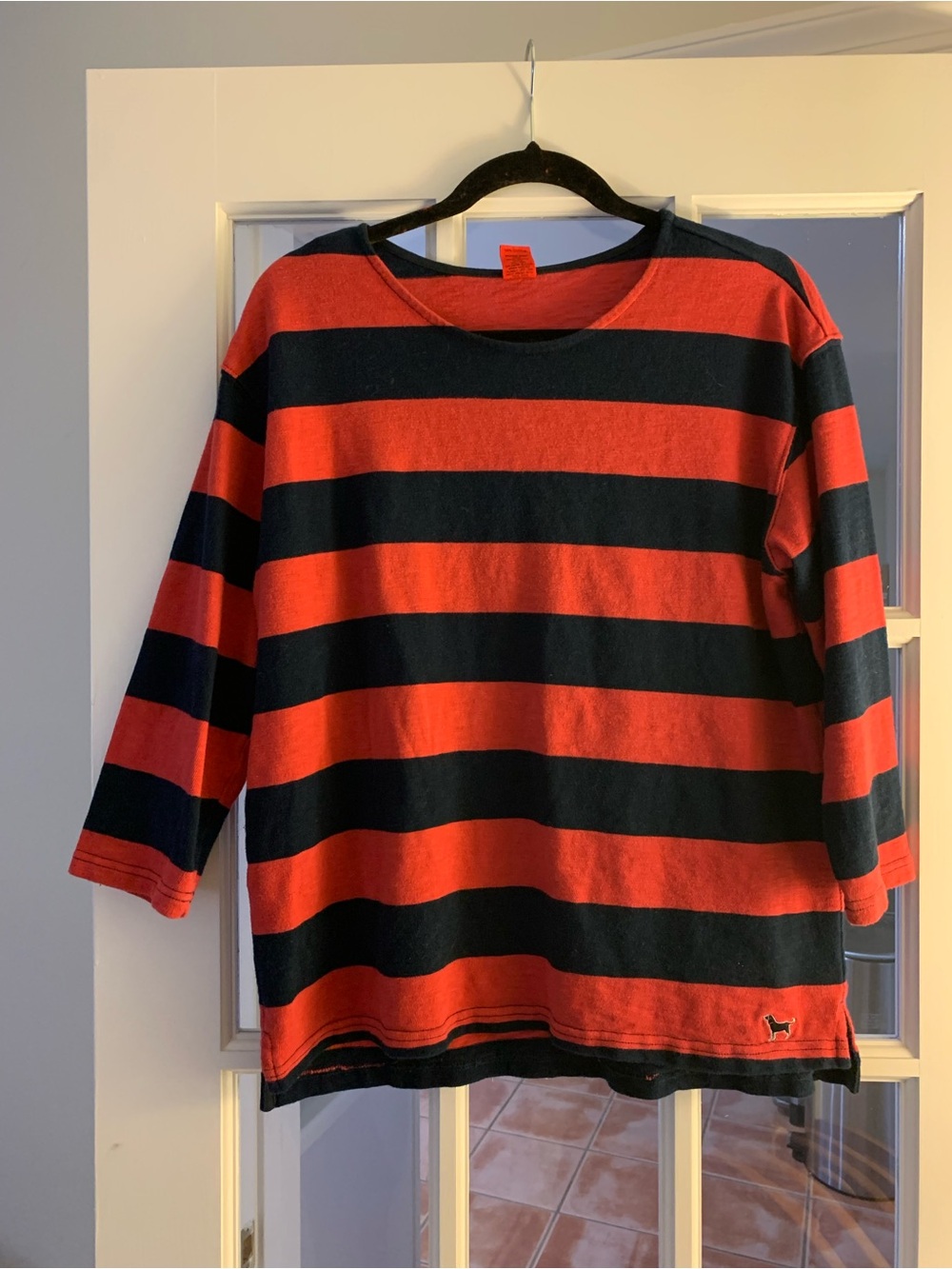 The Black Dog Women's Red Black Striped 3/4 Sleeve rugby Tee size m 100% cotton